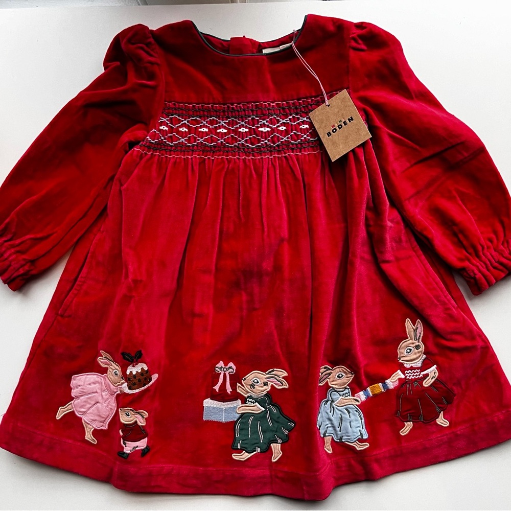 Mini Boden NWT Red Velvet Embroidered Bunny Party Dress 2-3Y